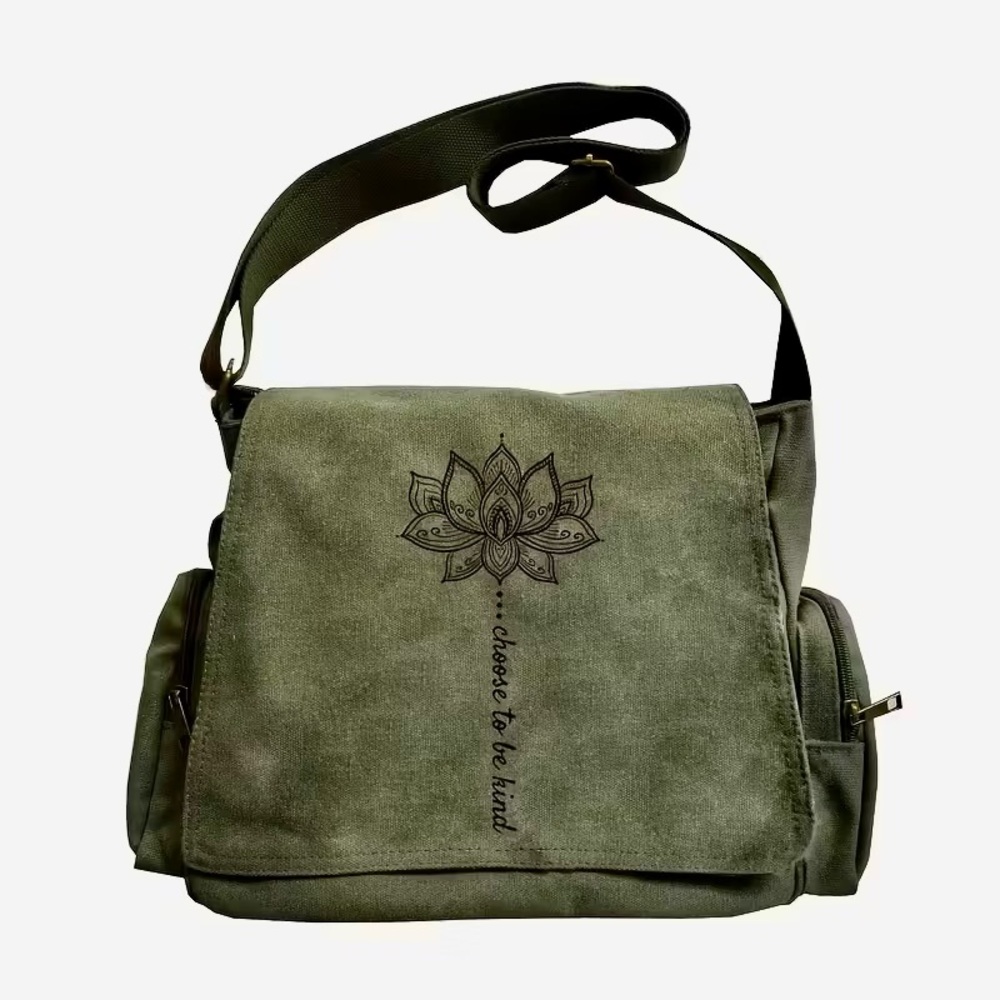 Large Capacity Messenger Canvas Bag w/Lotus Flower Print & Adjustable Straps